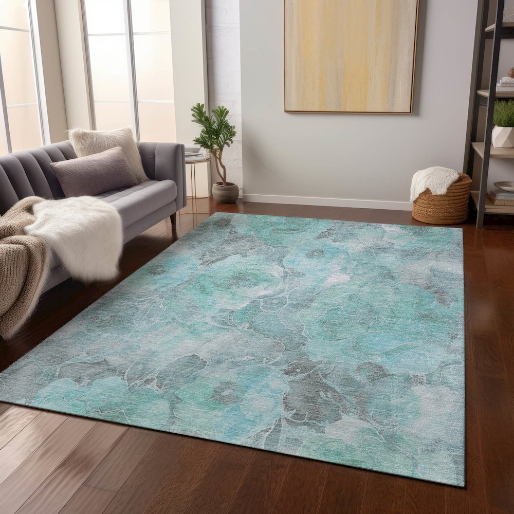 Machine Washable Indoor/Outdoor Chantille Teal 5' x 7'6" Rug. Picture 6