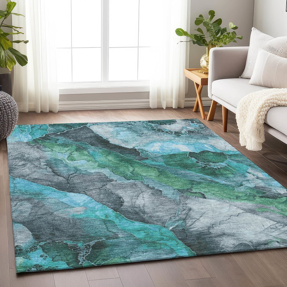 Machine Washable Indoor/Outdoor Chantille Teal 5' x 7'6" Rug. Picture 5