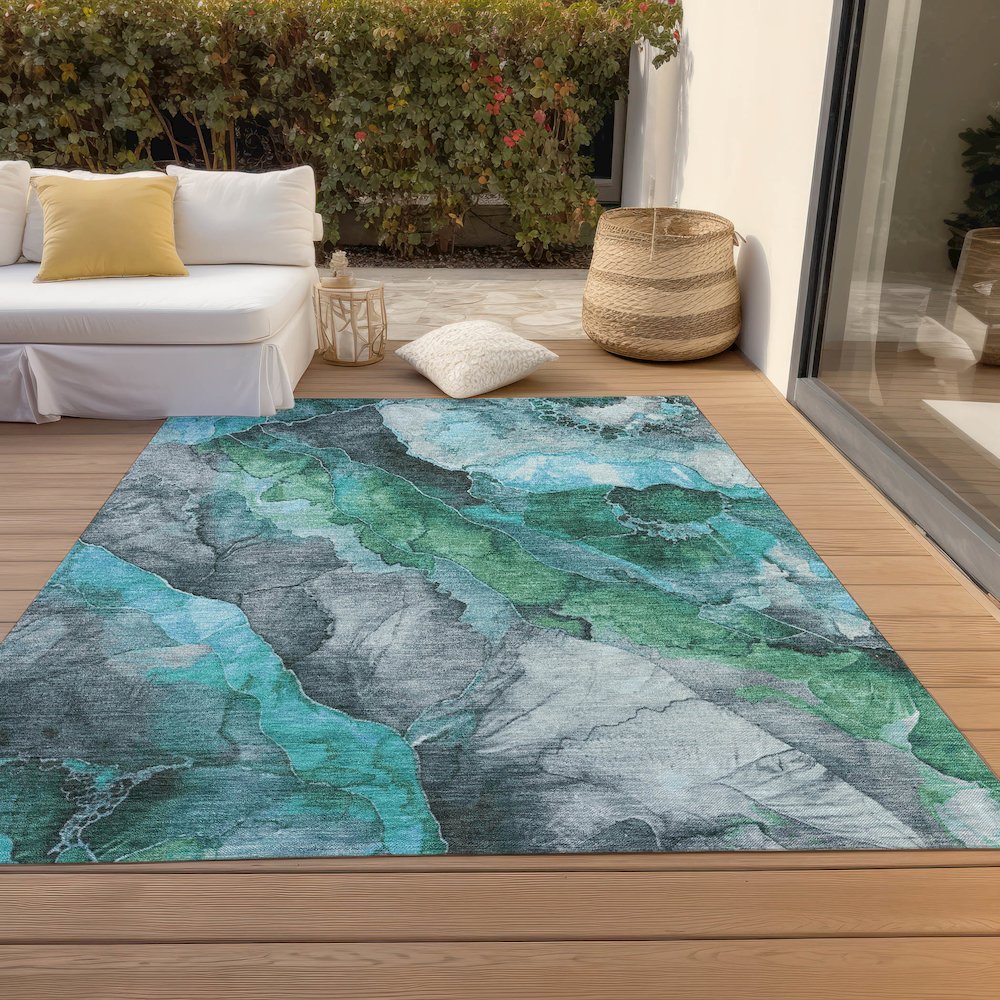 Machine Washable Indoor/Outdoor Chantille Teal 5' x 7'6" Rug. Picture 8