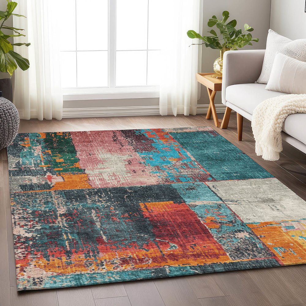 Machine Washable Indoor/Outdoor Chantille Teal 5' x 7'6" Rug. Picture 5