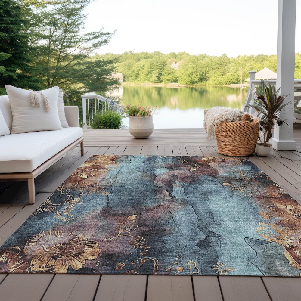 Machine Washable Indoor/Outdoor Chantille Blue 5' x 7'6" Rug. Picture 7