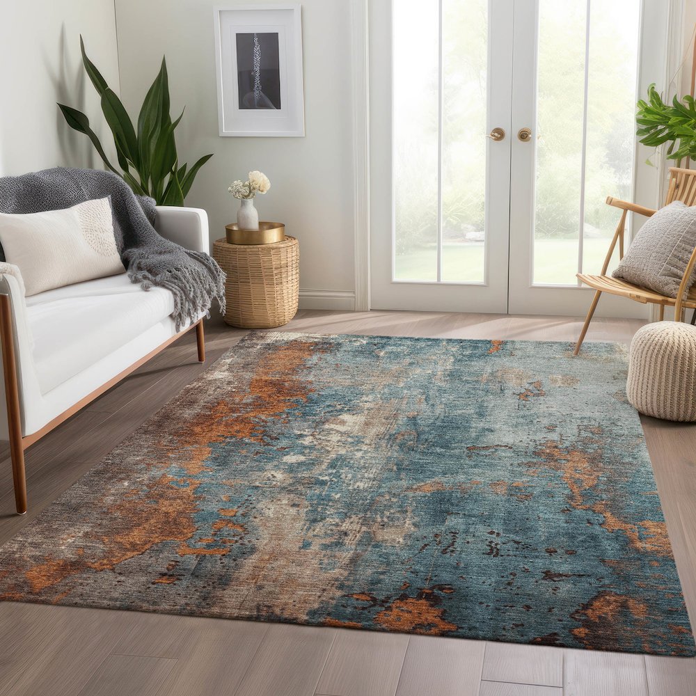 Machine Washable Indoor/Outdoor Chantille Teal 5' x 7'6" Rug. Picture 6