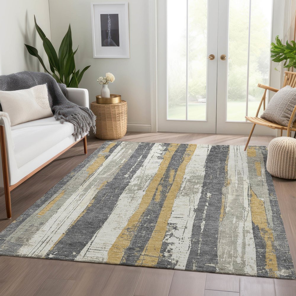 Machine Washable Indoor/Outdoor Chantille Gold 5' x 7'6" Rug. Picture 6