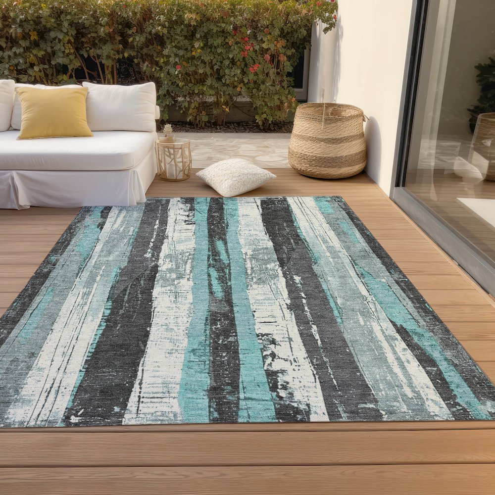 Machine Washable Indoor/Outdoor Chantille Teal 5' x 7'6" Rug. Picture 8