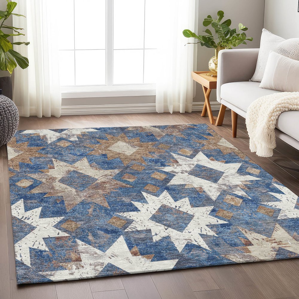 Machine Washable Indoor/Outdoor Chantille Blue 5' x 7'6" Rug. Picture 5