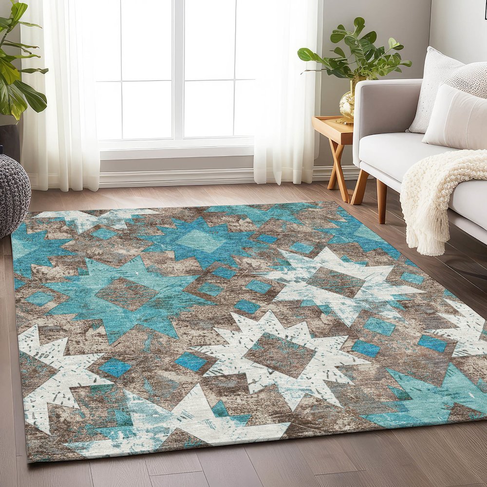 Machine Washable Indoor/Outdoor Chantille Teal 5' x 7'6" Rug. Picture 5