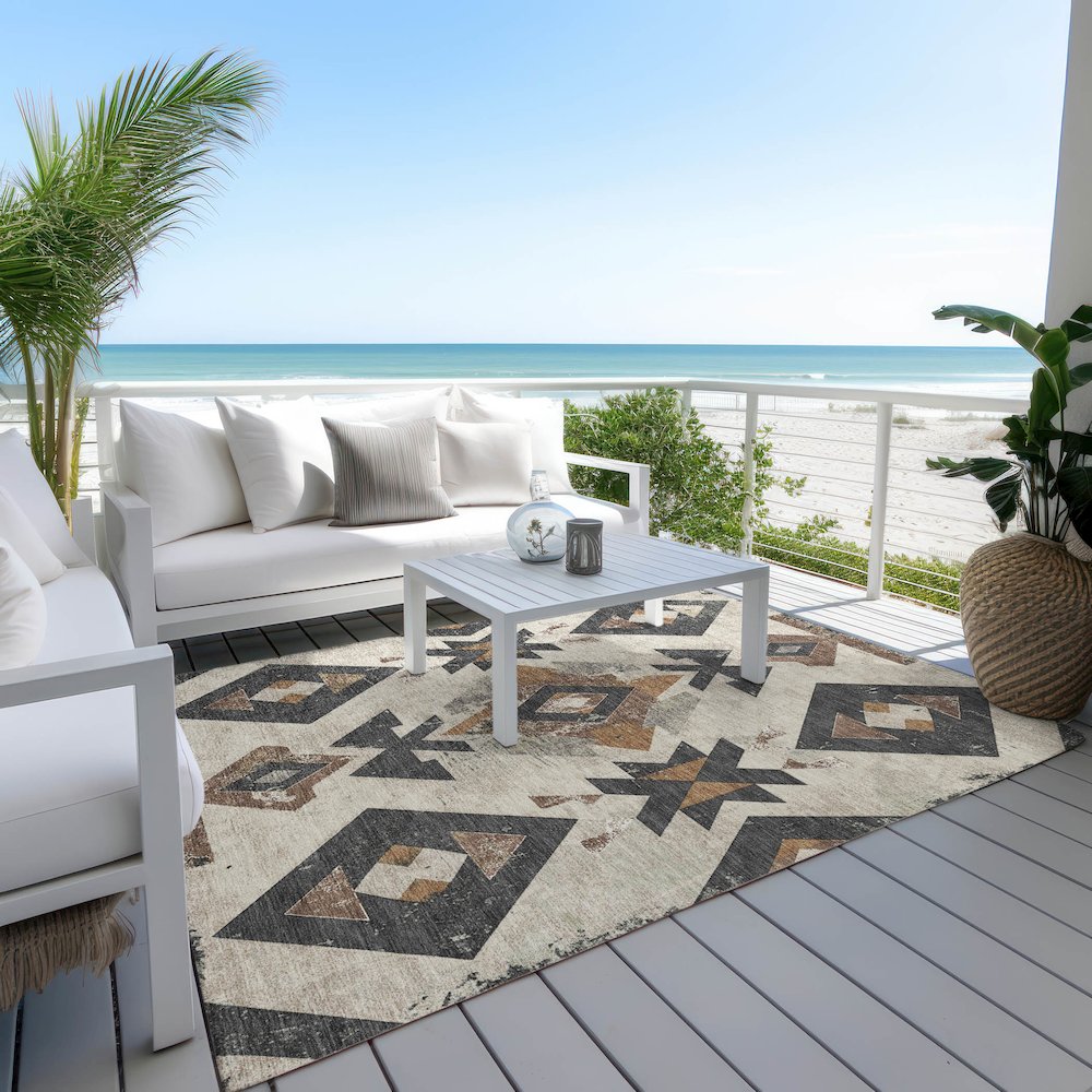 Machine Washable Indoor/Outdoor Chantille Beige 5' x 7'6" Rug. Picture 7