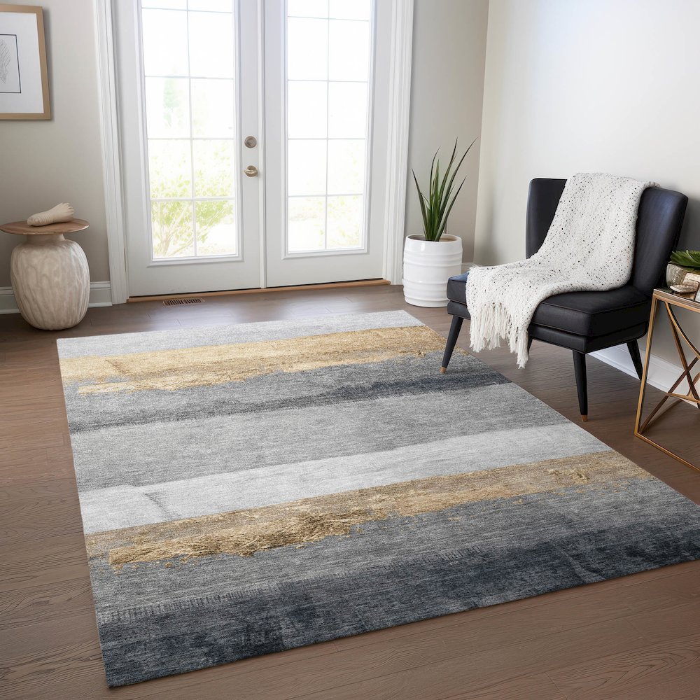 Machine Washable Indoor/Outdoor Chantille Gold 5' x 7'6" Rug. Picture 5
