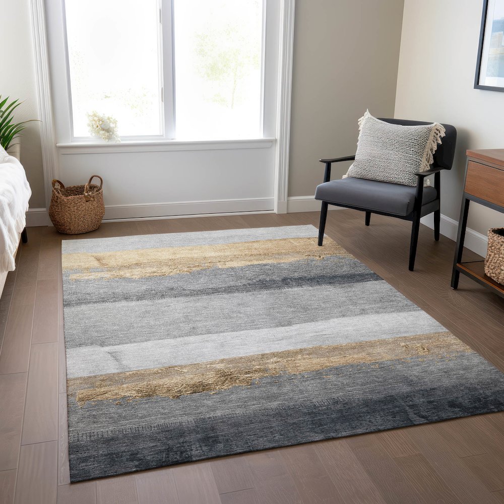 Machine Washable Indoor/Outdoor Chantille Gold 5' x 7'6" Rug. Picture 6