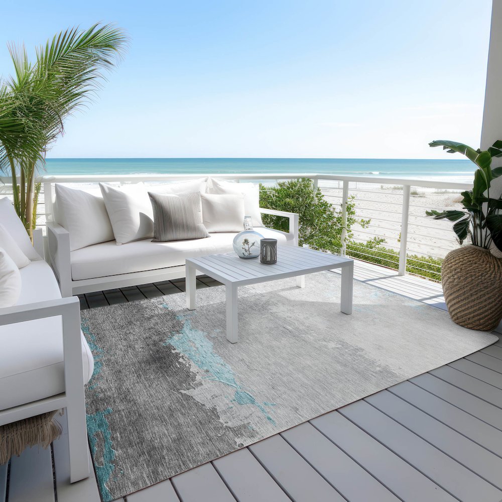 Machine Washable Indoor/Outdoor Chantille Teal 5' x 7'6" Rug. Picture 7