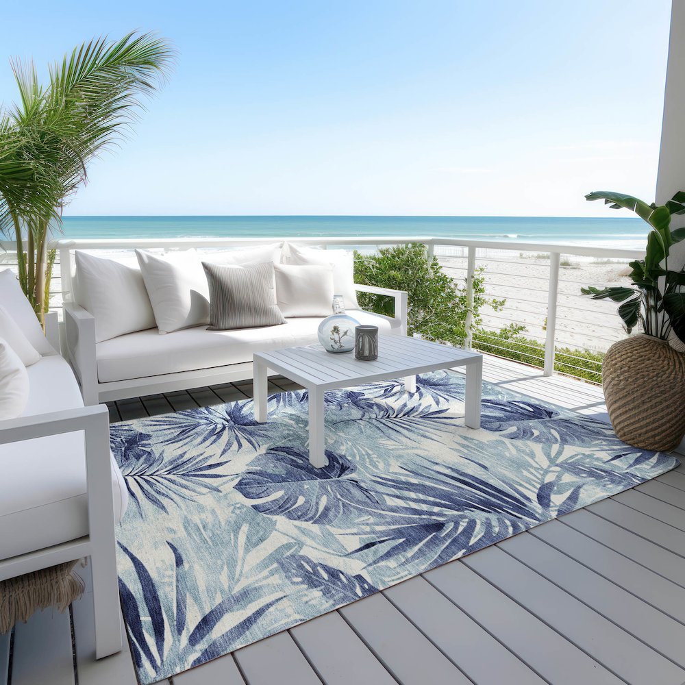 Machine Washable Indoor/Outdoor Chantille Blue 5' x 7'6" Rug. Picture 7