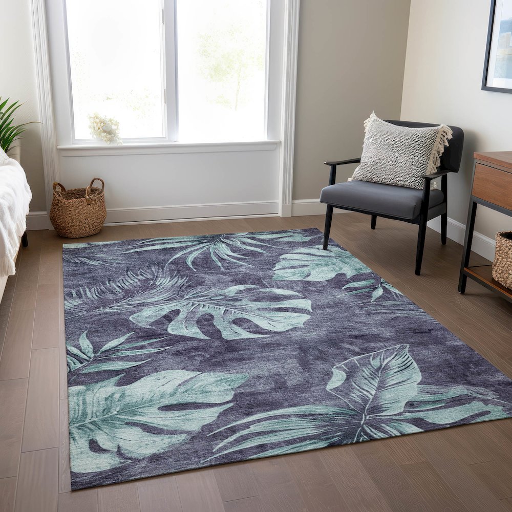 Machine Washable Indoor/Outdoor Chantille Blue 5' x 7'6" Rug. Picture 6