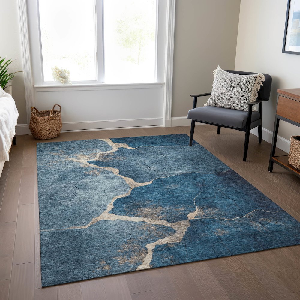 Machine Washable Indoor/Outdoor Chantille Navy 5' x 7'6" Rug. Picture 6