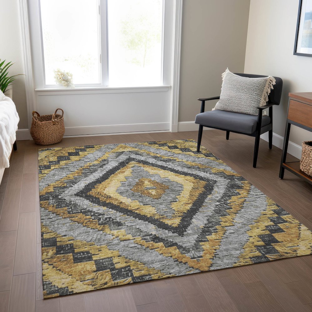 Machine Washable Indoor/Outdoor Chantille Gold 5' x 7'6" Rug. Picture 6