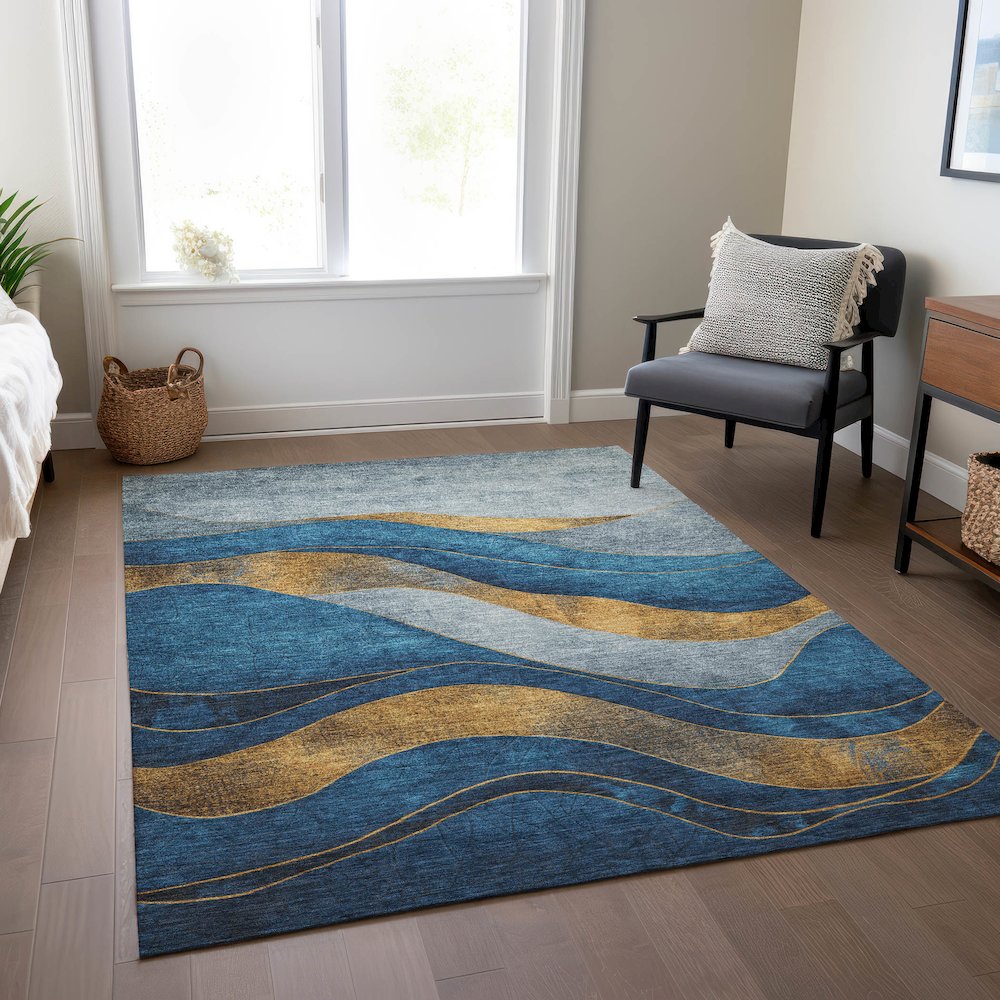Machine Washable Indoor/Outdoor Chantille Blue 5' x 7'6" Rug. Picture 6