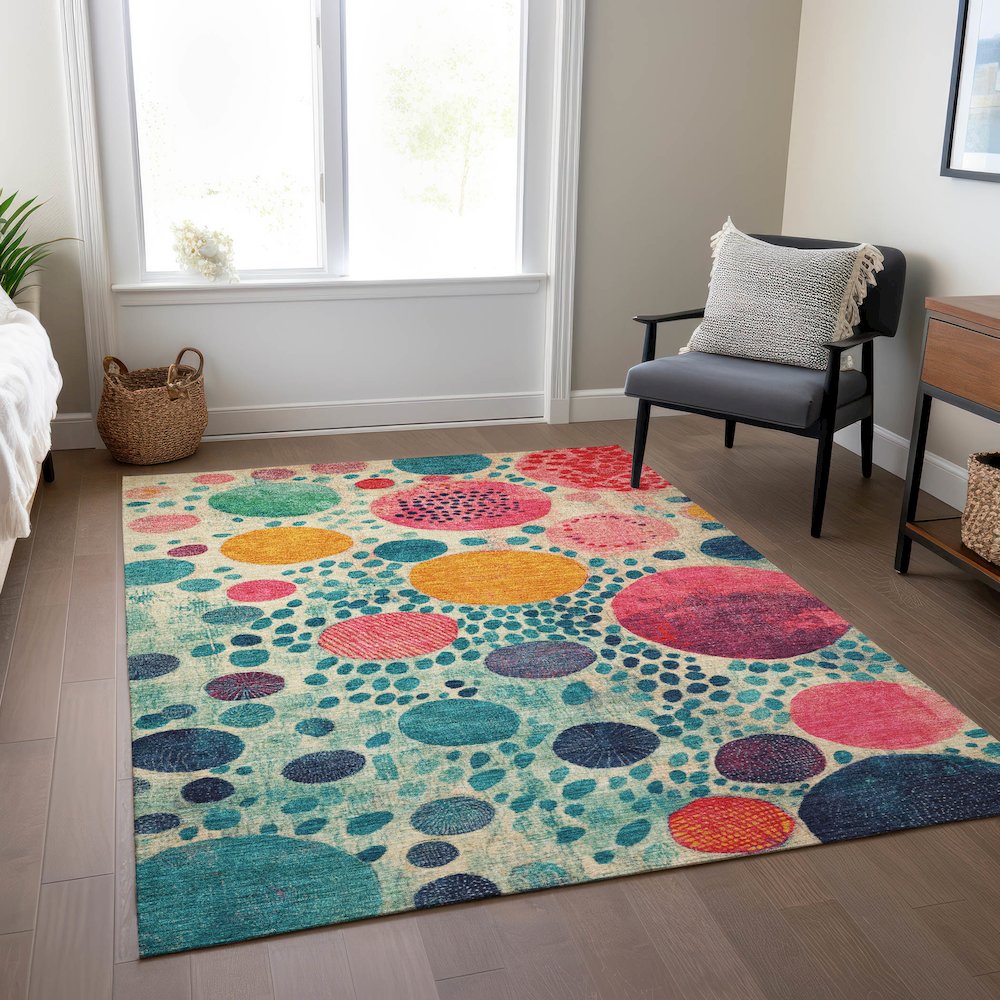Machine Washable Indoor/Outdoor Chantille Teal 5' x 7'6" Rug. Picture 6