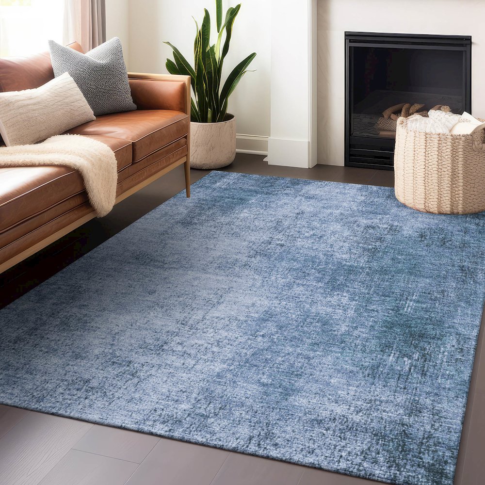 Machine Washable Indoor/Outdoor Chantille Blue 5' x 7'6" Rug. Picture 5