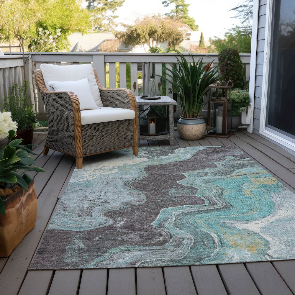 Machine Washable Indoor/Outdoor Chantille Teal 5' x 7'6" Rug. Picture 7