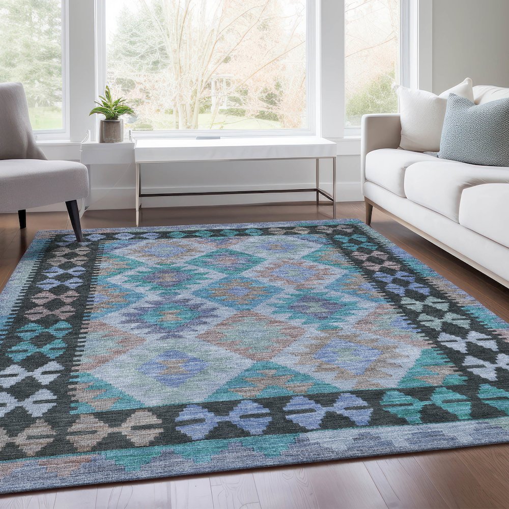 Machine Washable Indoor/Outdoor Chantille Teal 5' x 7'6" Rug. Picture 6
