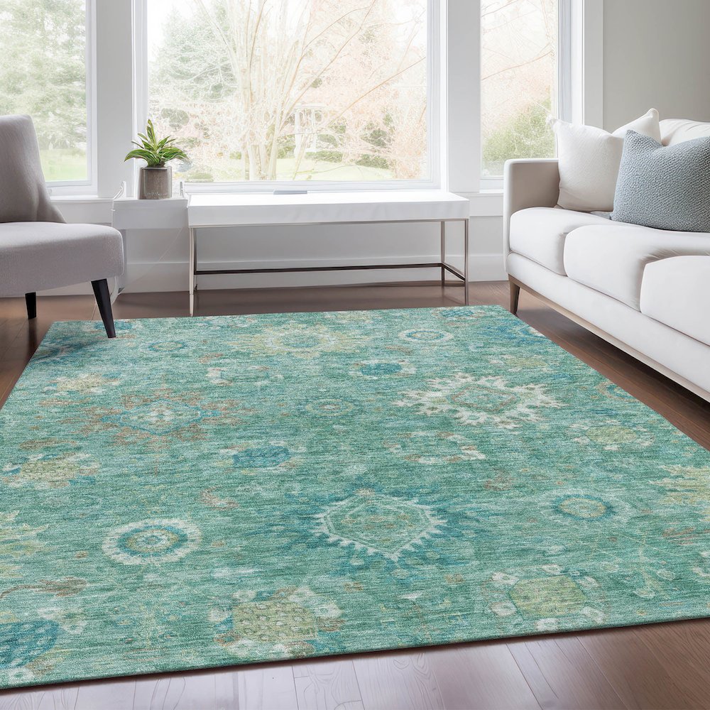 Machine Washable Indoor/Outdoor Chantille Teal 5' x 7'6" Rug. Picture 6
