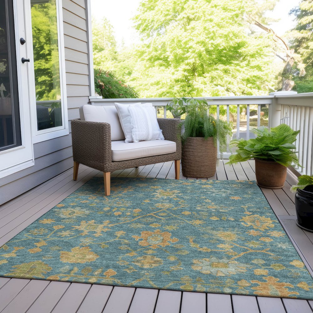 Machine Washable Indoor/Outdoor Chantille Teal 5' x 7'6" Rug. Picture 8