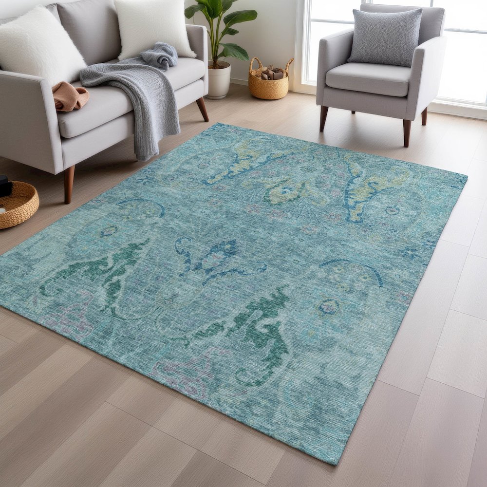 Machine Washable Indoor/Outdoor Chantille Blue 5' x 7'6" Rug. Picture 5