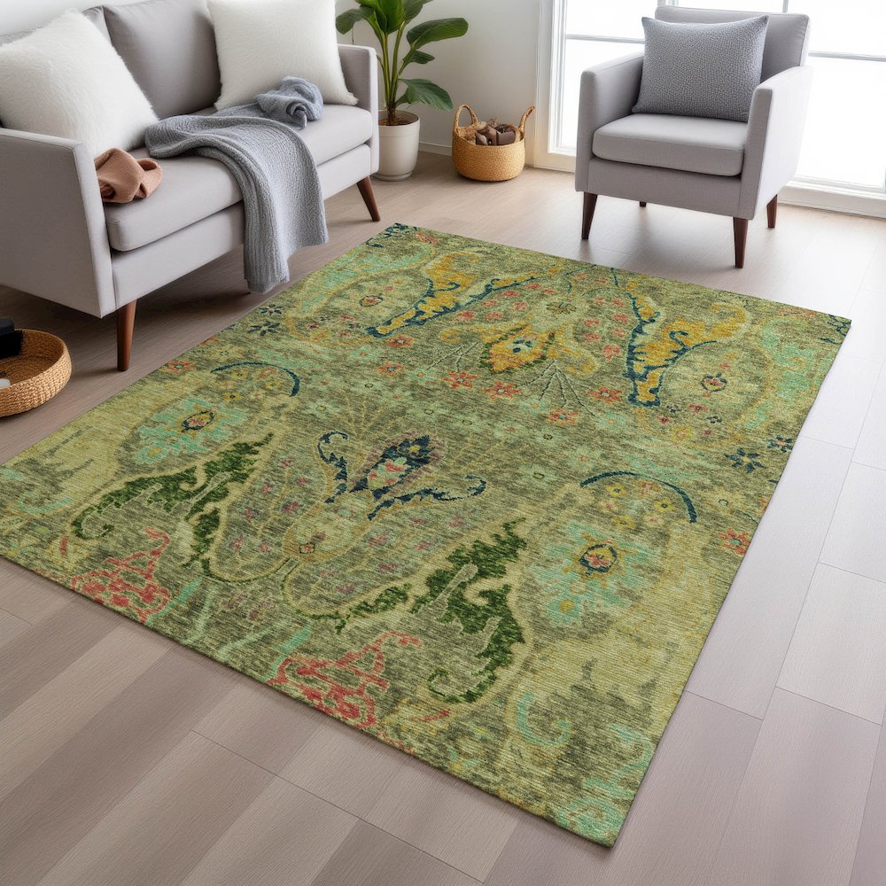Machine Washable Indoor/Outdoor Chantille Green 5' x 7'6" Rug. Picture 5