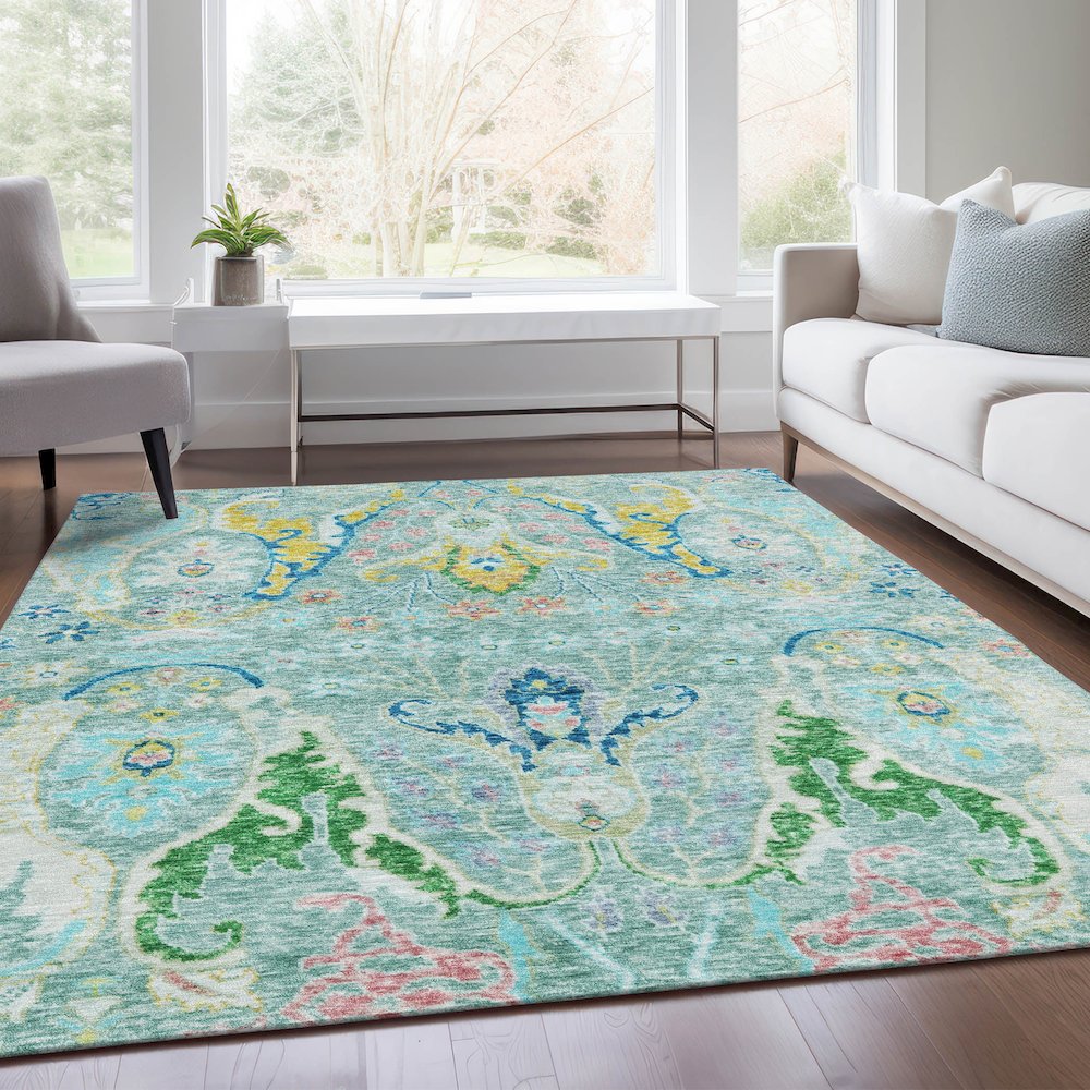 Machine Washable Indoor/Outdoor Chantille Teal 5' x 7'6" Rug. Picture 6
