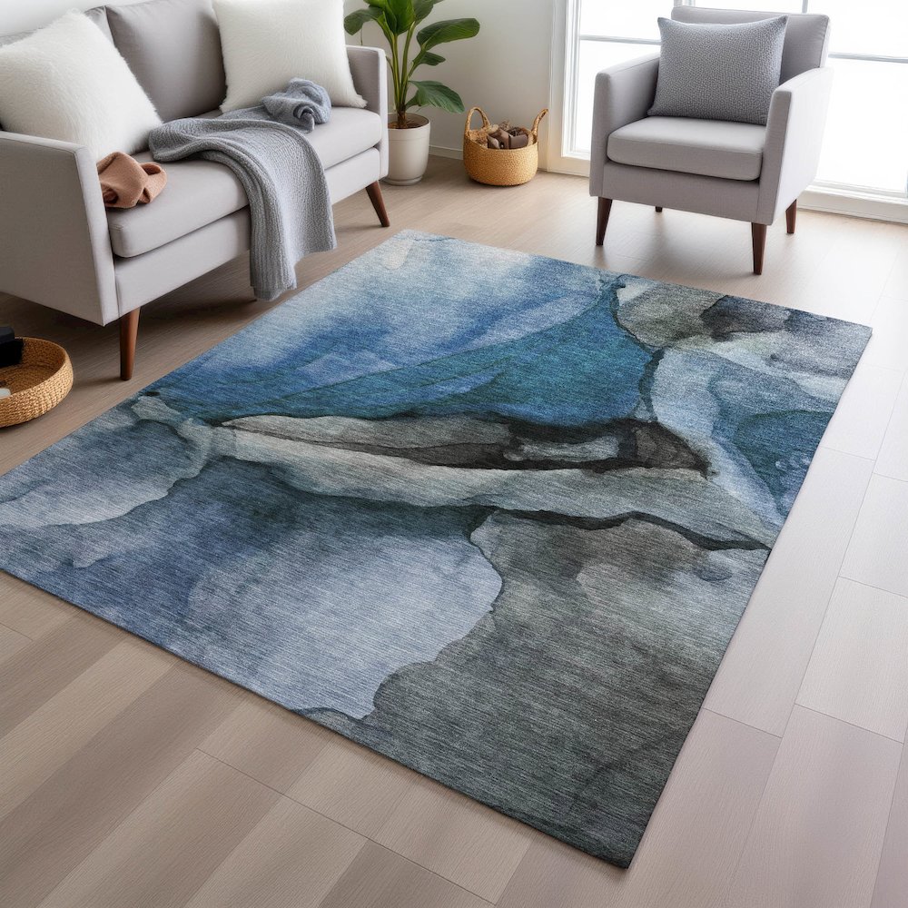 Machine Washable Indoor/Outdoor Chantille Blue 5' x 7'6" Rug. Picture 5