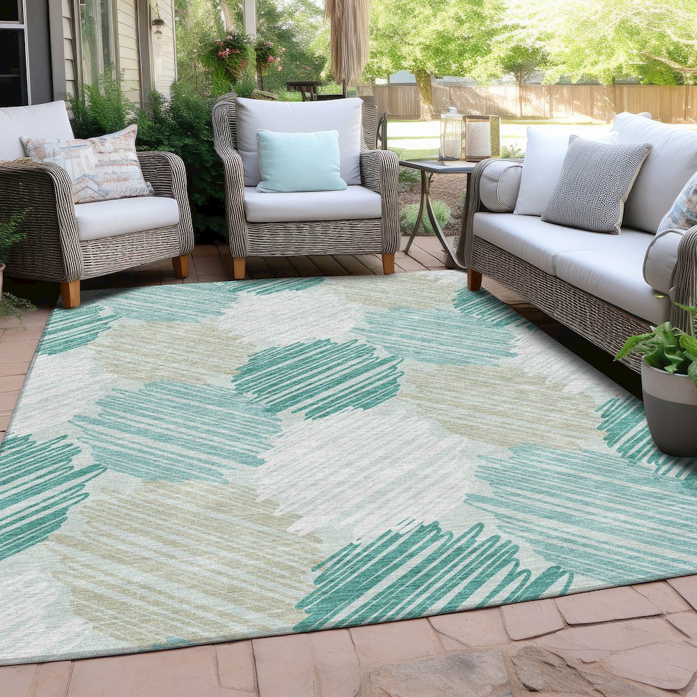 Machine Washable Indoor/Outdoor Chantille Teal 5' x 7'6" Rug. Picture 7