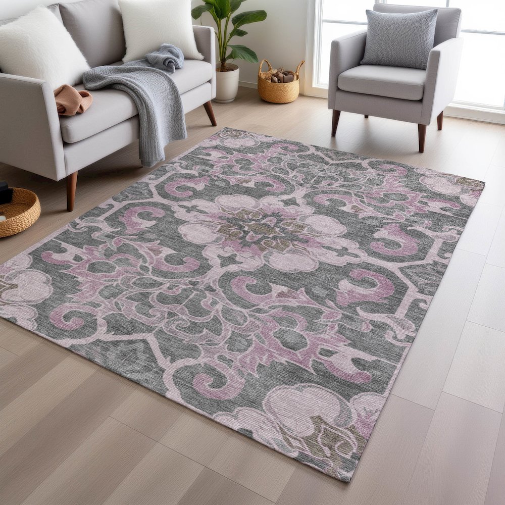 Machine Washable Indoor/Outdoor Chantille Pink 5' x 7'6" Rug. Picture 5