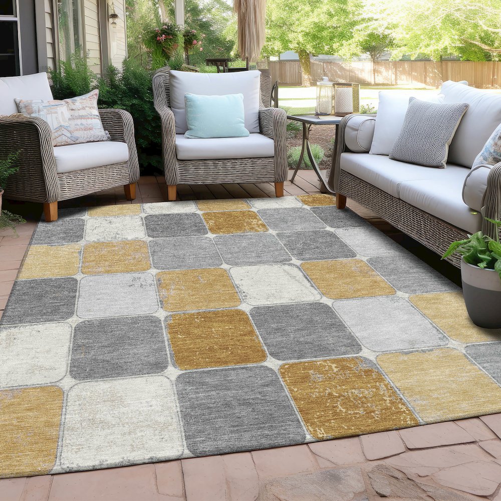 Machine Washable Indoor/Outdoor Chantille Gold 5' x 7'6" Rug. Picture 7