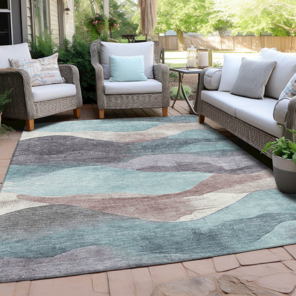 Machine Washable Indoor/Outdoor Chantille Teal 5' x 7'6" Rug. Picture 7