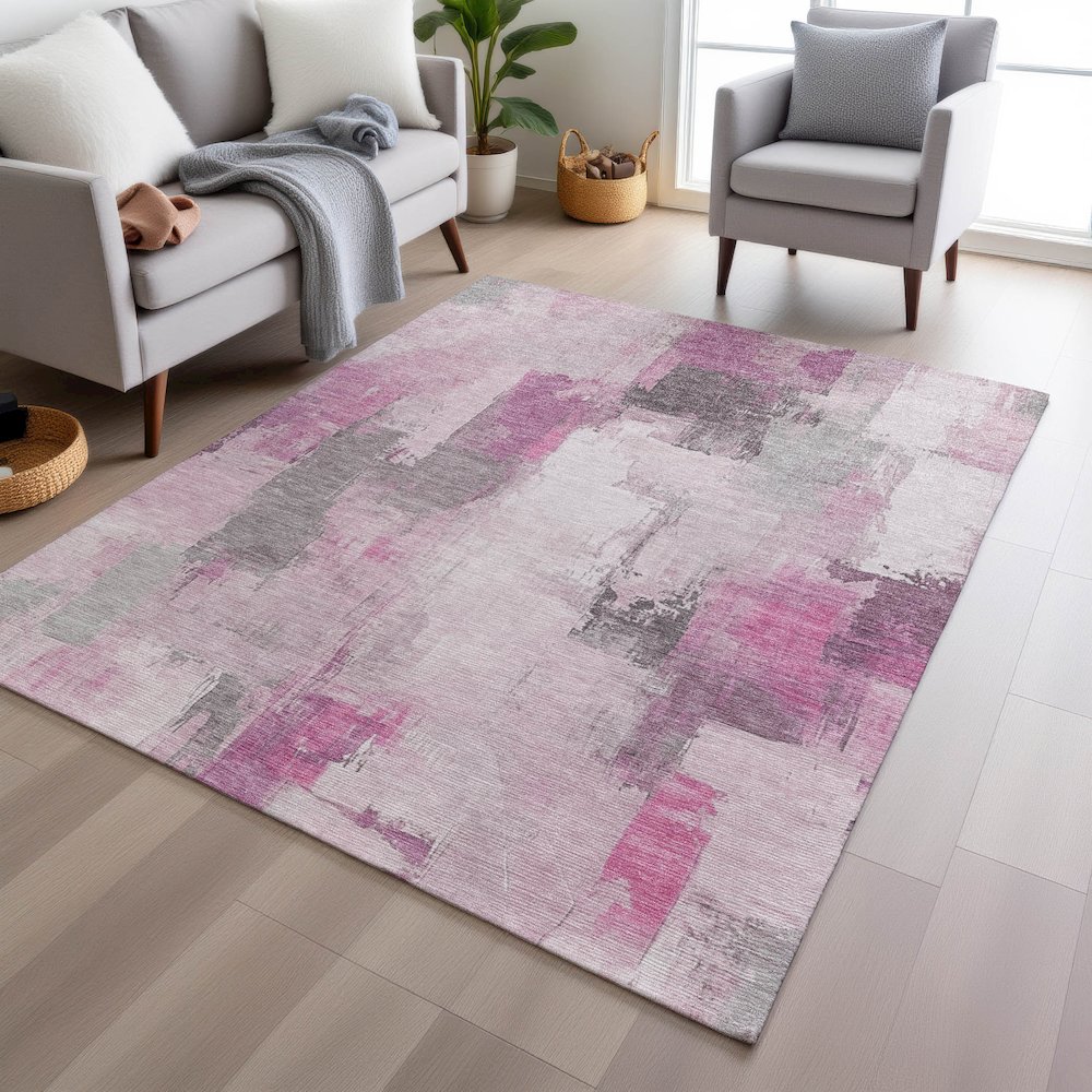 Machine Washable Indoor/Outdoor Chantille Pink 5' x 7'6" Rug. Picture 5