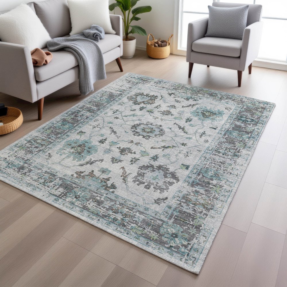 Machine Washable Indoor/Outdoor Chantille Teal 5' x 7'6" Rug. Picture 5