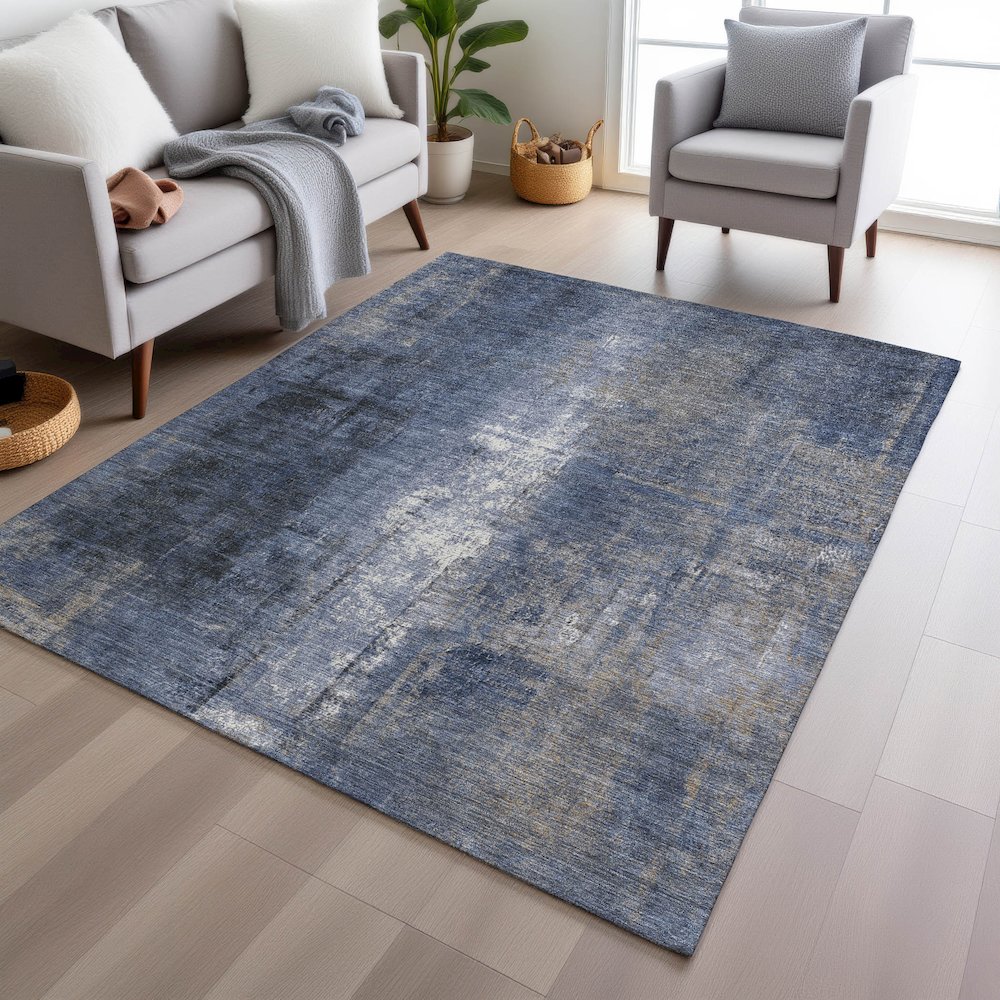 Machine Washable Indoor/Outdoor Chantille Navy 5' x 7'6" Rug. Picture 5