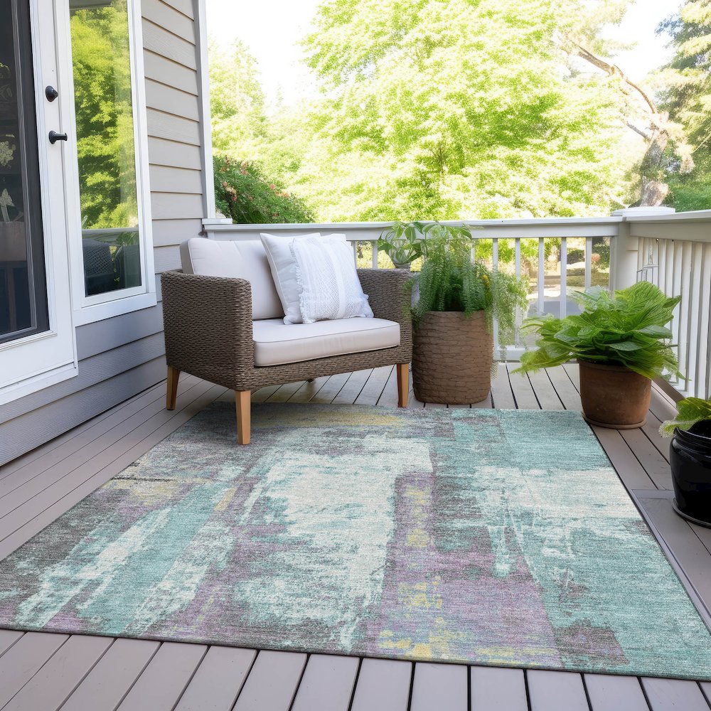 Machine Washable Indoor/Outdoor Chantille Teal 5' x 7'6" Rug. Picture 8