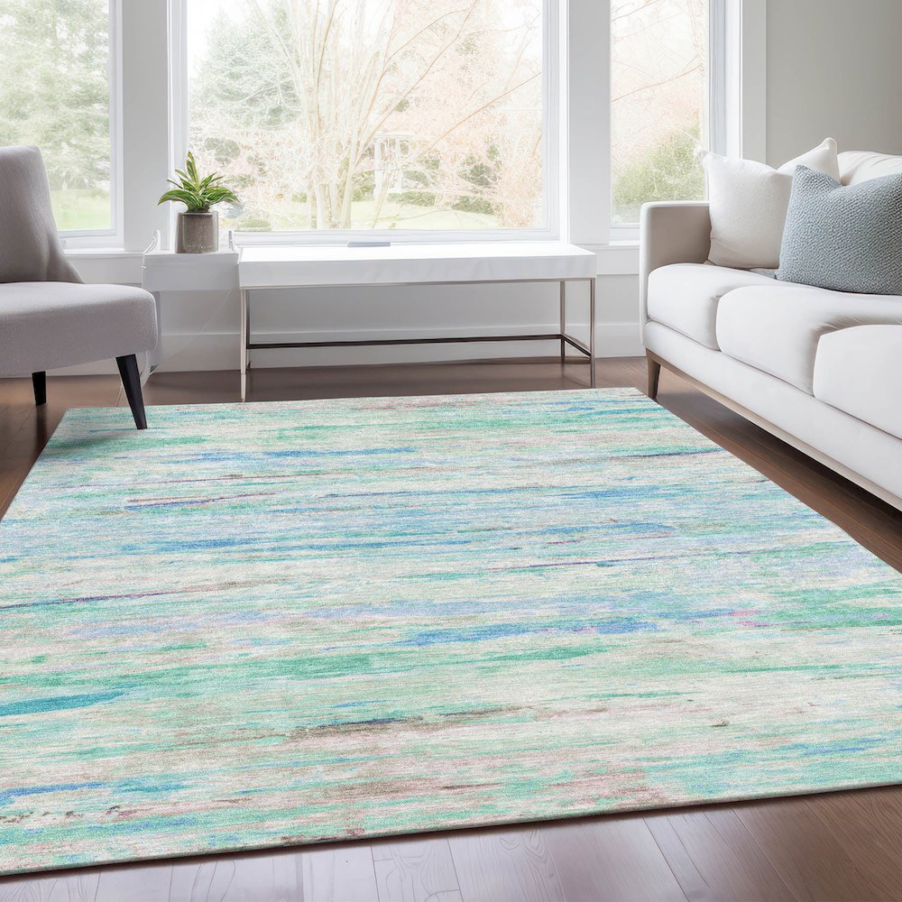 Machine Washable Indoor/Outdoor Chantille Teal 5' x 7'6" Rug. Picture 6