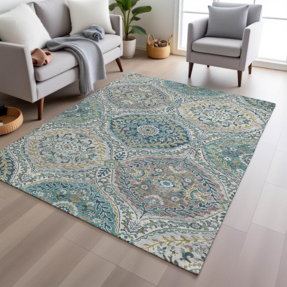 Machine Washable Indoor/Outdoor Chantille Teal 5' x 7'6" Rug. Picture 5