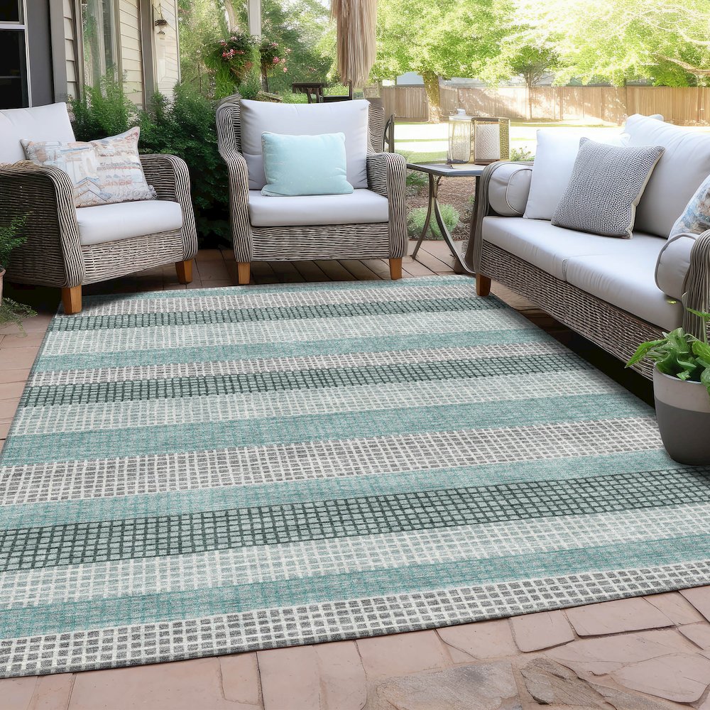 Machine Washable Indoor/Outdoor Chantille Teal 5' x 7'6" Rug. Picture 7