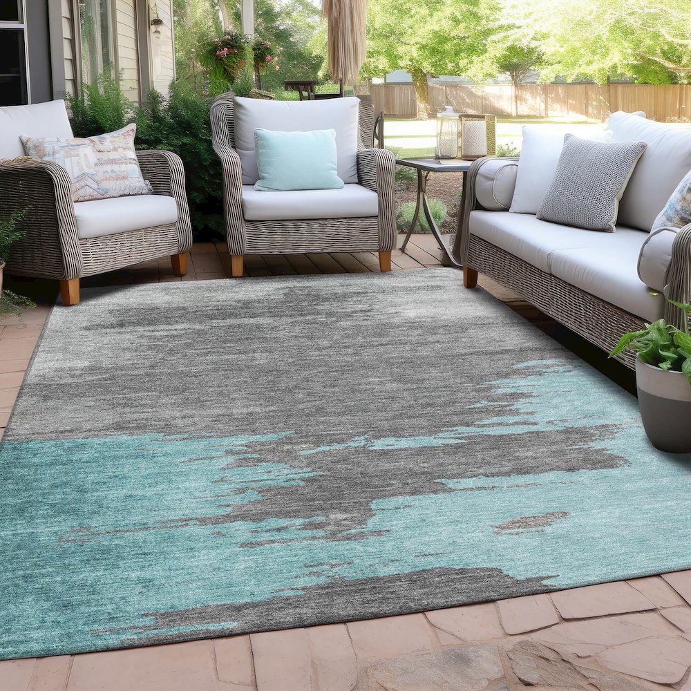 Machine Washable Indoor/Outdoor Chantille Teal 5' x 7'6" Rug. Picture 7