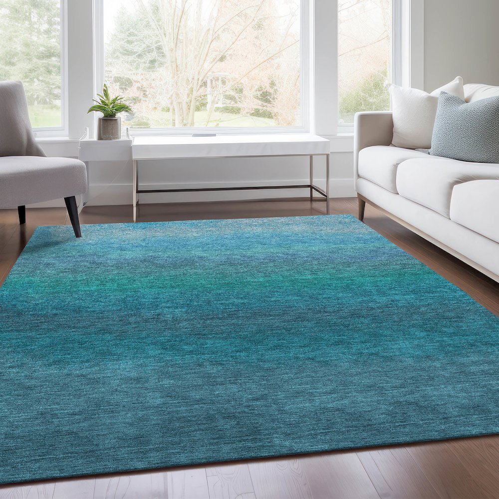 Machine Washable Indoor/Outdoor Chantille Teal 5' x 7'6" Rug. Picture 6