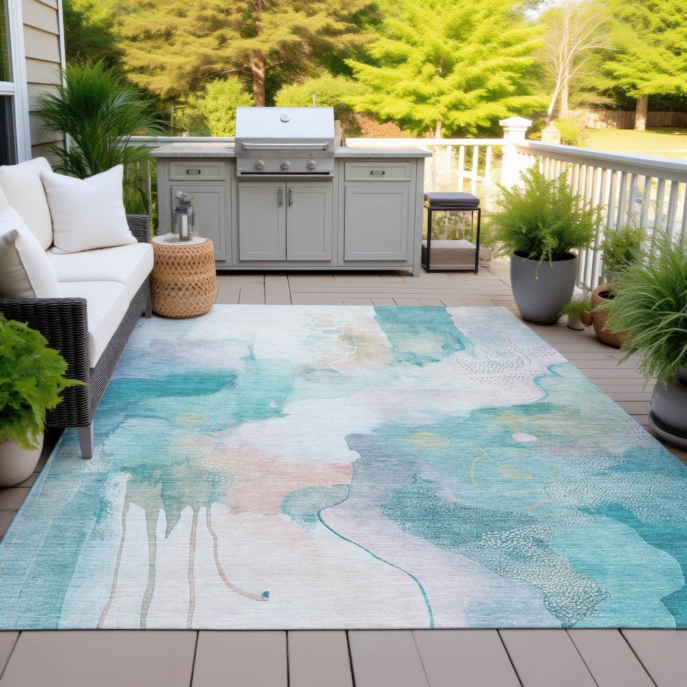 Machine Washable Indoor/Outdoor Chantille ACN2019 Turquoise 5' x 7'6" Rug. Picture 7