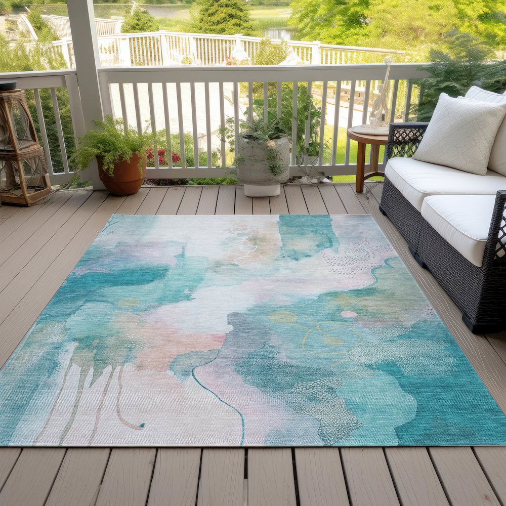 Machine Washable Indoor/Outdoor Chantille ACN2019 Turquoise 5' x 7'6" Rug. Picture 8