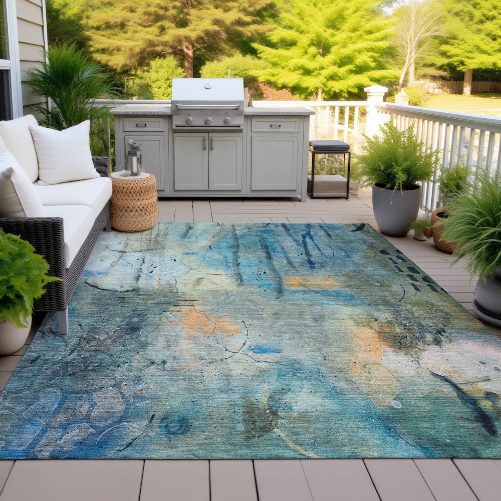 Machine Washable Indoor/Outdoor Chantille ACN2032 Teal 5' x 7'6" Rug. Picture 7