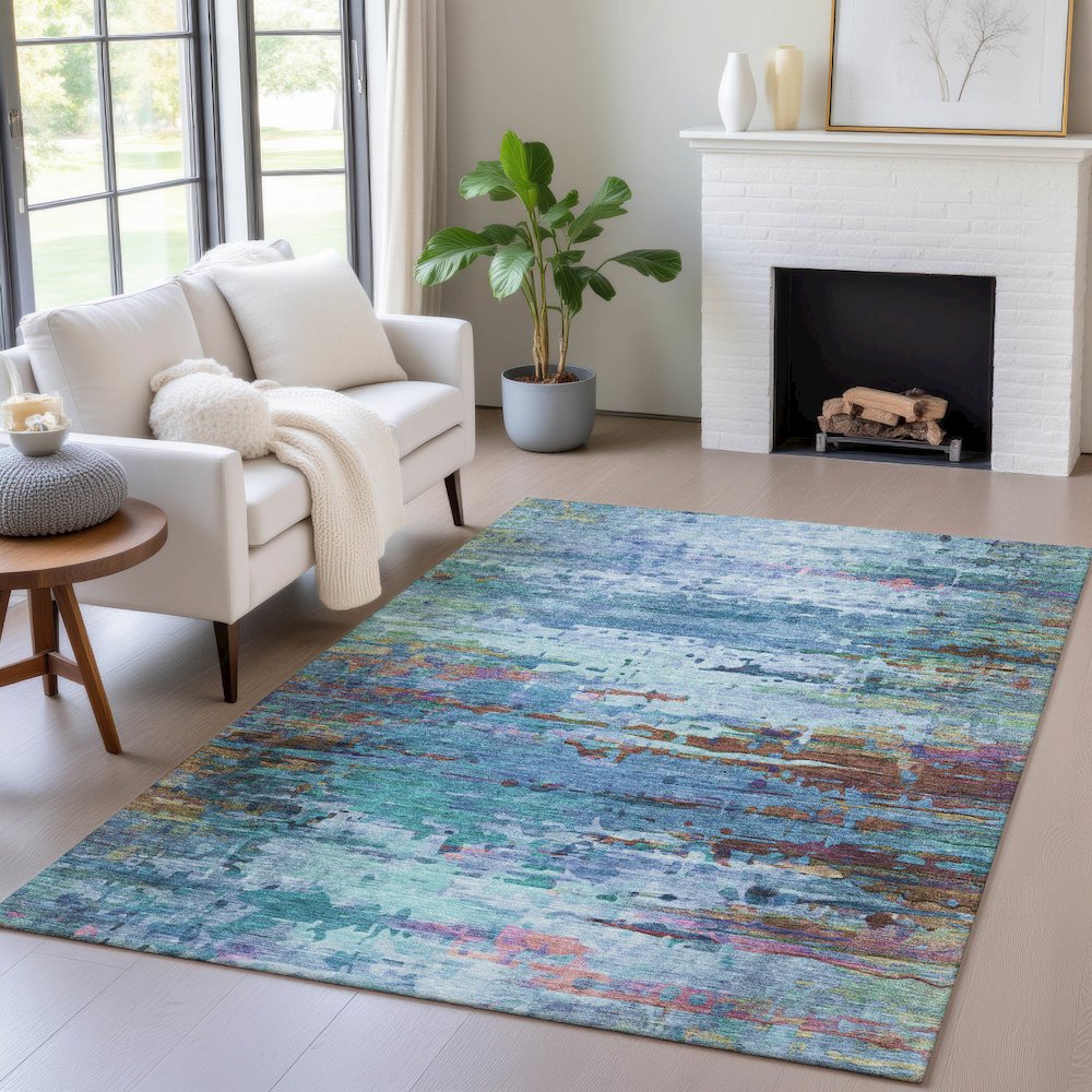 Machine Washable Indoor/Outdoor Chantille ACN2035 Blue 5' x 7'6" Rug. Picture 5