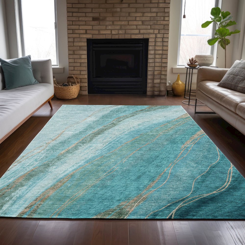 Machine Washable Indoor/Outdoor Chantille ACN2036 Turquoise 5' x 7'6" Rug. Picture 6