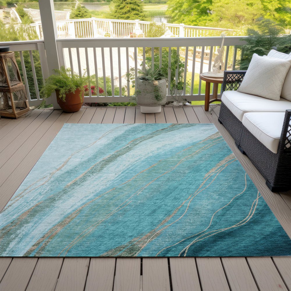 Machine Washable Indoor/Outdoor Chantille ACN2036 Turquoise 5' x 7'6" Rug. Picture 8