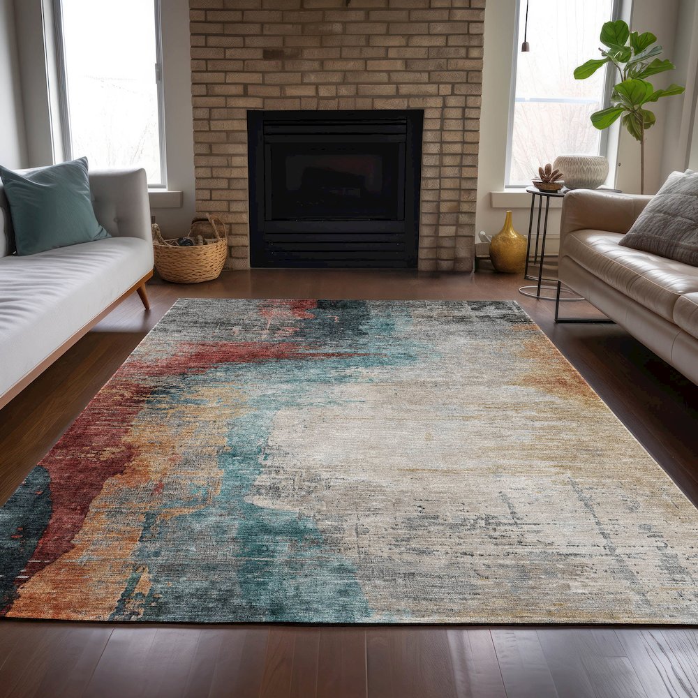 Machine Washable Indoor/Outdoor Chantille ACN2041 Teal 5' x 7'6" Rug. Picture 6