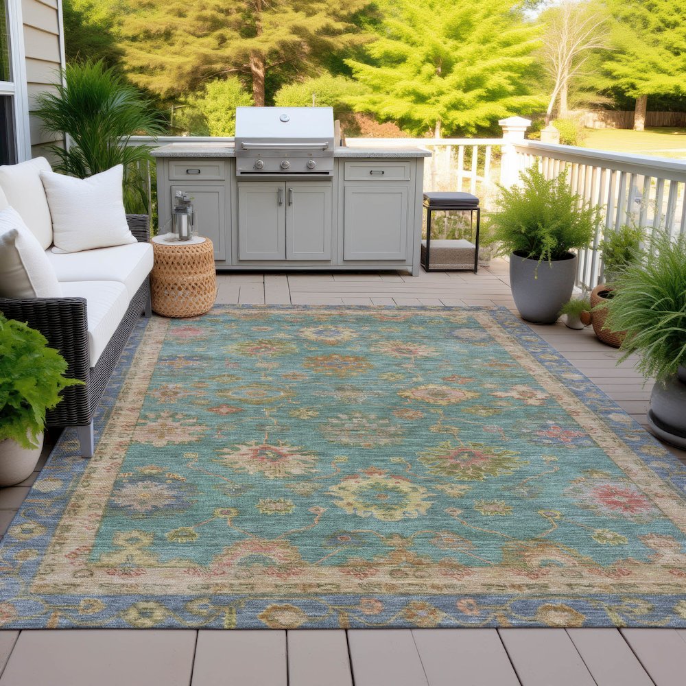 Machine Washable Indoor/Outdoor Chantille ACN2045 Teal 5' x 7'6" Rug. Picture 7